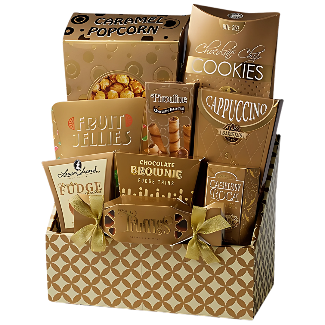 Coffee lover gift basket with cappuccino, fudge, truffles, chocolate wafers, cookies, and caramel popcorn — cozy snack box for birthdays, thank-you, or self-care gifts.