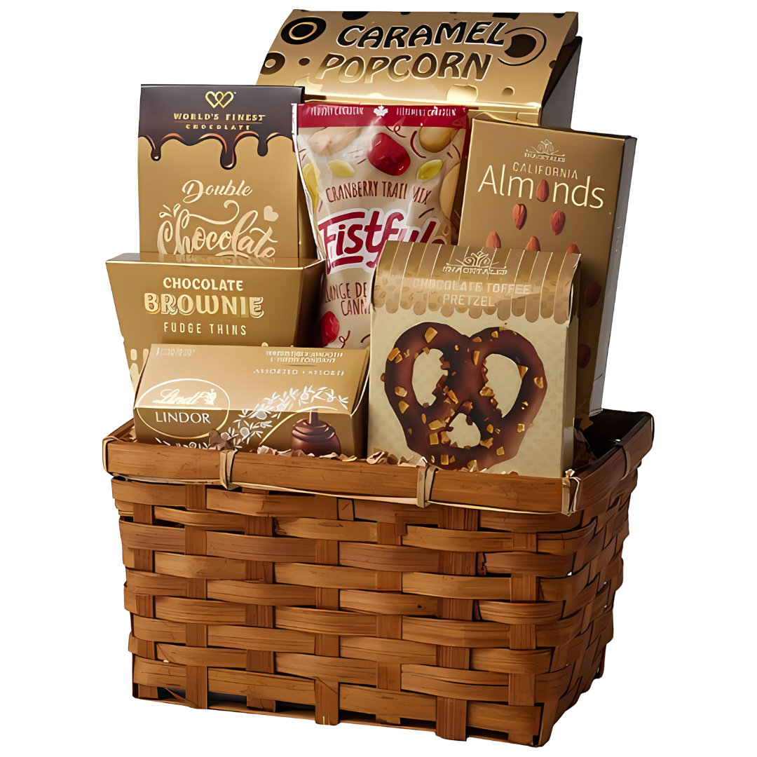 chocolate gift basket with assorted truffles, gourmet caramel popcorn, chocolate pretzels, brownie thins, trail mix, chocolate meltaways, and roasted almonds. Choco-Licious Box