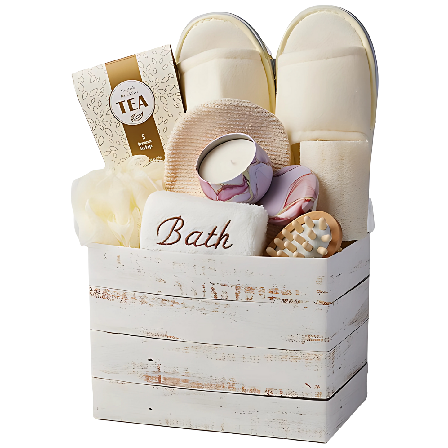 spa gift basket with lavender candle, English breakfast tea bags, cozy bath slippers, wooden massager tool, bath glove, loofah sponge, bath puff, relaxing home spa set, self-care gift, stress relief basket. Cozy Comfort Spa Set - Snug Box