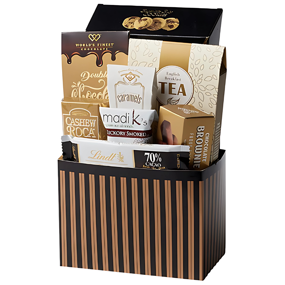 tea gift basket with English breakfast tea, gourmet chocolate, chocolate chip cookies, almond roca, smoked almonds, luxury tea gift for women, tea lover gift set. English Tea Time Gift Box