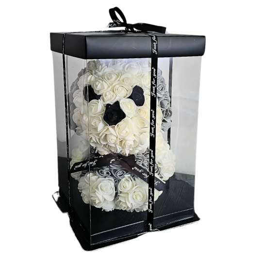 My Loyal Forever rose puppy with handcrafted floral details, beautifully packaged in a clear box with ribbon, ready for gifting to celebrate birthdays, pet enthusiasts, or heartfelt moments. My Loyal Forever rose puppy featuring intricate white, grey, and black roses, part of the Snug & Hug collection, ideal as a unique, heartfelt keepsake gift for pet lovers and special occasions. My Loyal Forever - Snug Box