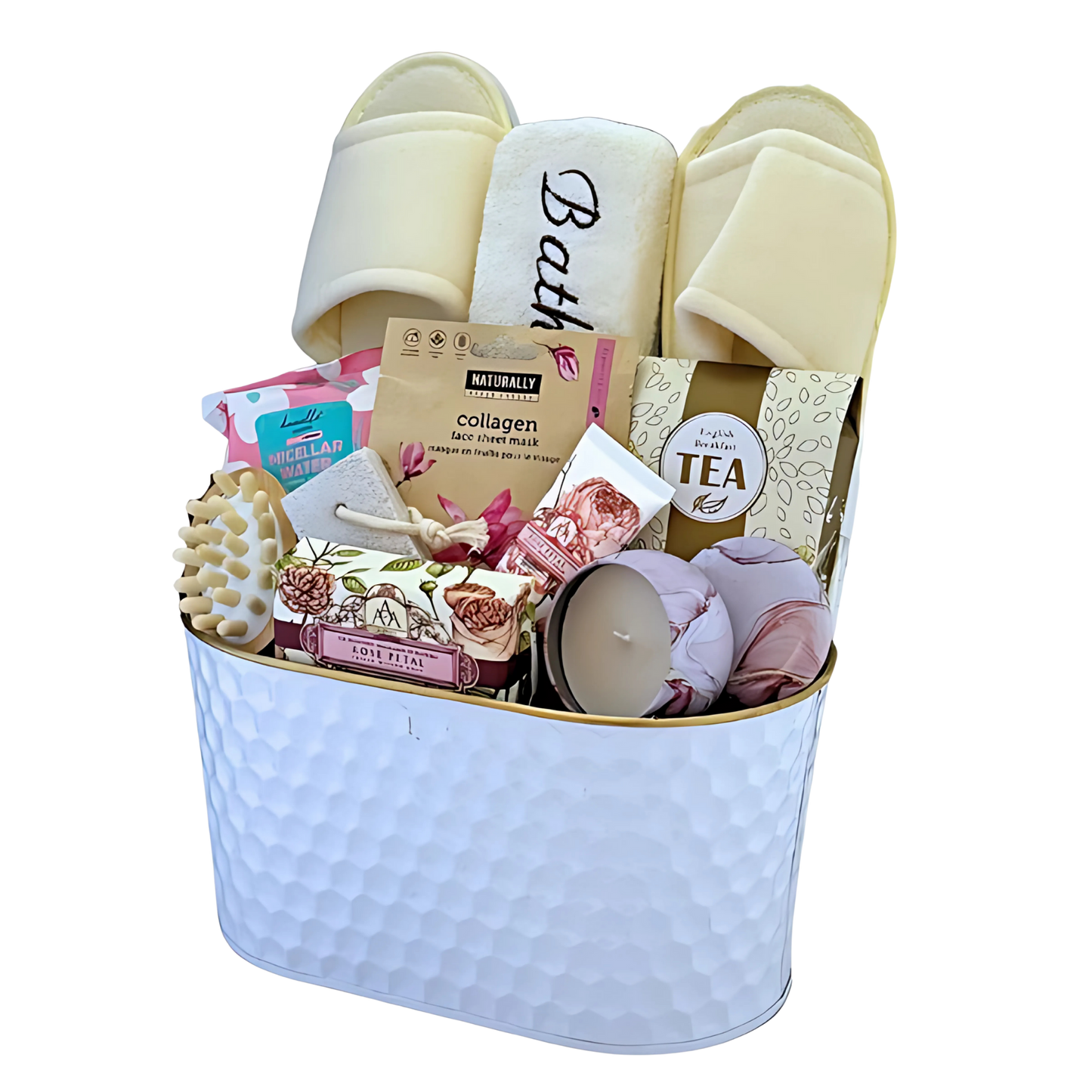 luxury spa gift basket, bath gift set, lavender candle, facial mask, hand cream, pumice stone, wooden massage tool, bath slippers, English breakfast tea, self-care gift. The Pamper Retreat Box - Snug Box