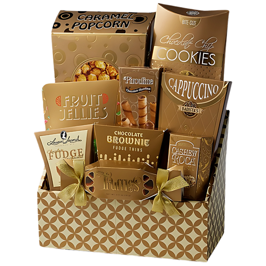 Coffee lover gift basket with cappuccino, fudge, truffles, chocolate wafers, cookies, and caramel popcorn — cozy snack box for birthdays, thank-you, or self-care gifts.