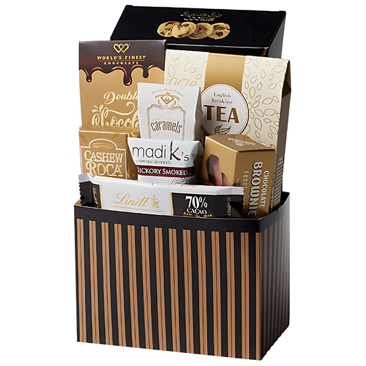 tea gift basket with English breakfast tea, gourmet chocolate, chocolate chip cookies, almond roca, smoked almonds, luxury tea gift for women, tea lover gift set. English Tea Time Gift Box