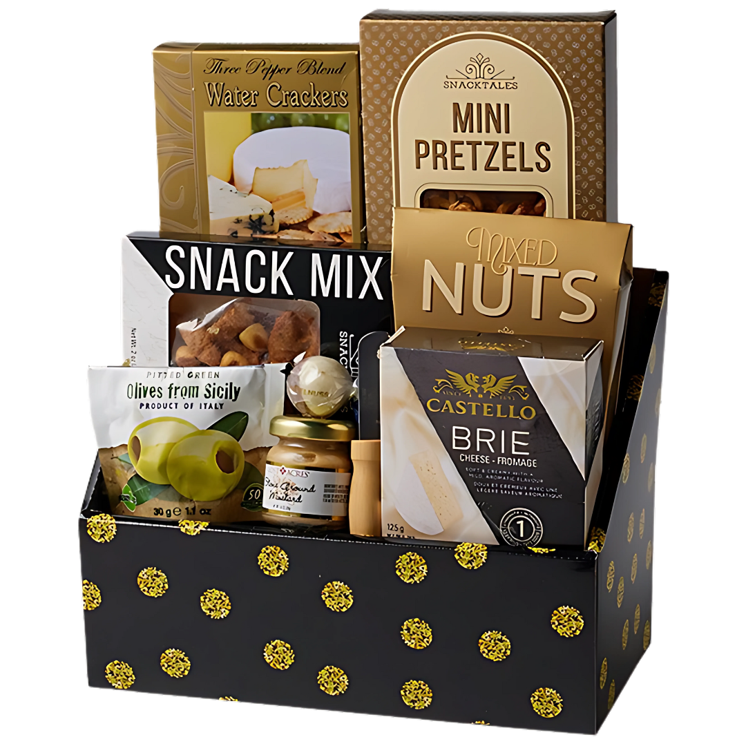 gourmet snack gift basket with brie cheese, water crackers, praline chocolate, Italian olives, stone ground mustard, mixed nuts, mini pretzels, and charcuterie spreader. Little Luxuries Snack Box