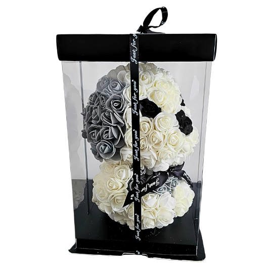 Handcrafted white rose puppy gift with grey rose ears and black rose eyes, elegantly presented in a clear display box with satin ribbon, perfect for dog lovers, birthdays, and lasting symbols of loyalty and affection. My Loyal Forever - Snug Box