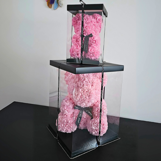 soft pink rose teddy bear, showcasing its handcrafted floral design and beautiful pink hues, presented in clear packaging ready to gift, symbolizing enduring love, friendship, and gentle affection for every celebration. My Pink Forever - Snug Box