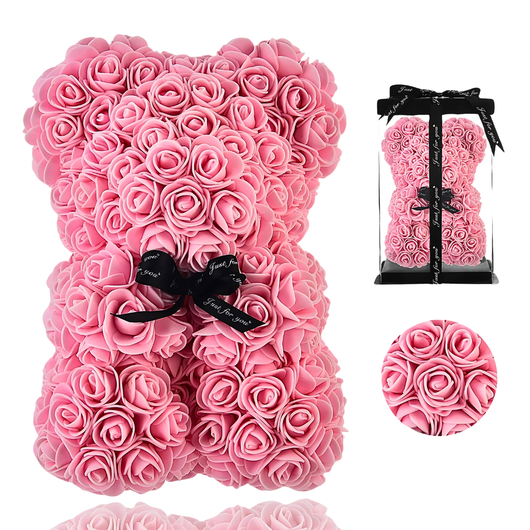 Handcrafted Forever Petite pink rose teddy bear gift made with soft pink roses, elegantly packaged in a clear display box with a satin ribbon, perfect for birthdays, baby showers, anniversaries, or heartfelt gifts symbolizing lasting love and affection. My Pink Forever - Snug Box