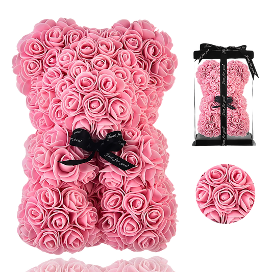 Handcrafted Forever Petite pink rose teddy bear gift made with soft pink roses, elegantly packaged in a clear display box with a satin ribbon, perfect for birthdays, baby showers, anniversaries, or heartfelt gifts symbolizing lasting love and affection. My Pink Forever - Snug Box
