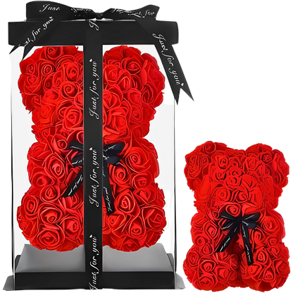 Beautiful Forever Petite red rose teddy bear gift handcrafted with vibrant red roses, elegantly presented in a clear display box with a satin ribbon, perfect for Valentine’s Day, anniversaries, birthdays, or romantic occasions, symbolizing eternal love and affection. My Red Forever - Snug Box
