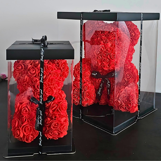 Elegant presentation of the My Red Forever teddy bear gift, featuring a stunning red rose bear inside a transparent gift box tied with a satin ribbon, making it a perfect romantic gift for anniversaries, Valentine’s Day, birthdays, or any memorable moment. My Red Forever - Snug Box