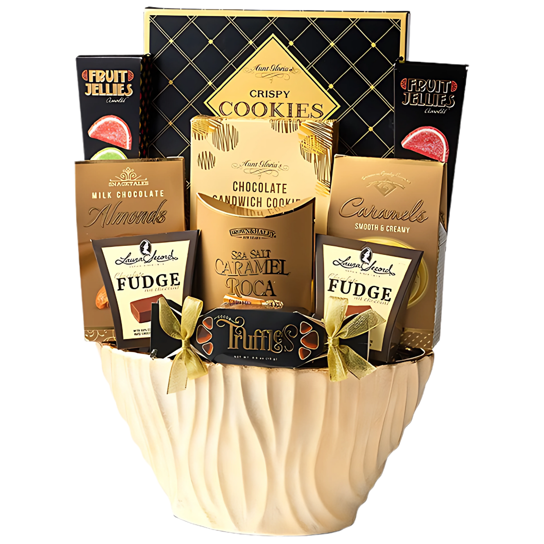 Sweet snack gift basket with fudge, truffles, chocolate almonds, caramel, cookies, and fruit jellies in a ceramic bowl — perfect comfort food gift for any occasion.