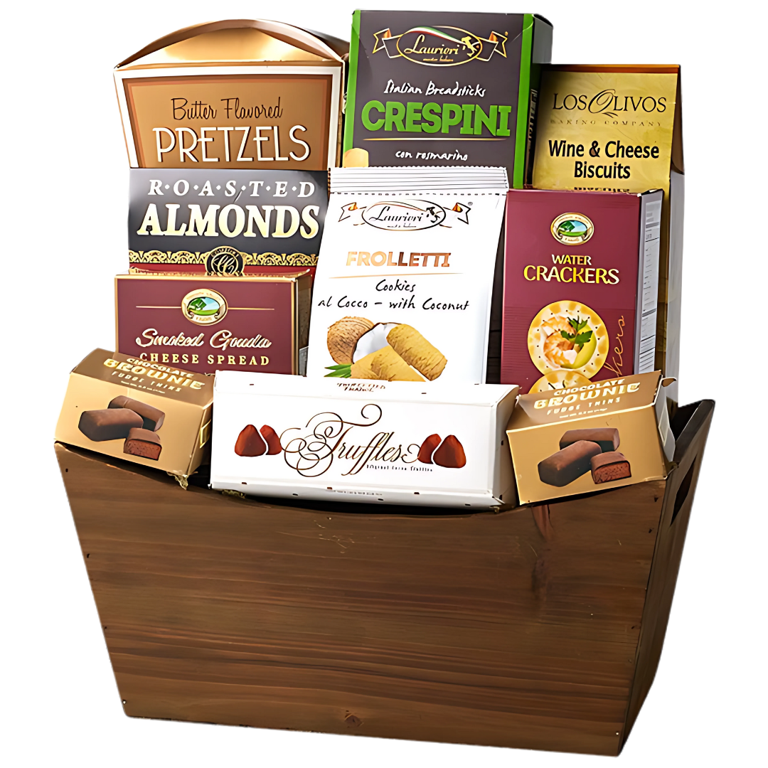Gourmet gift basket with truffles, crackers, pretzels, almonds, cheese spread, cookies, and brownie thins in a wooden container — perfect care package or thank-you gift.